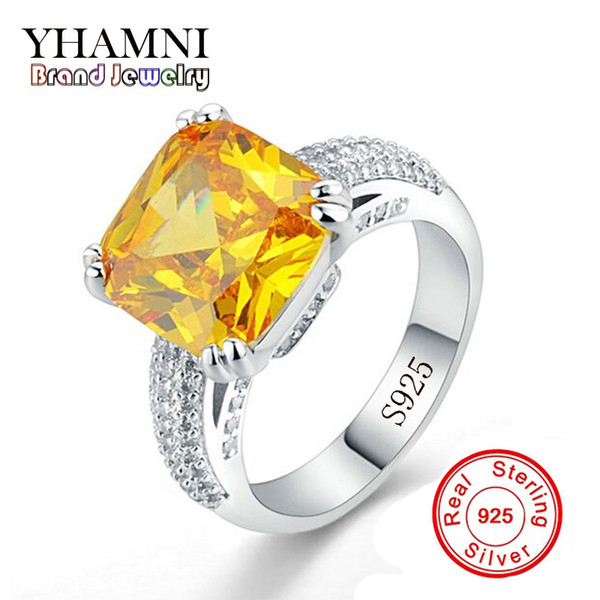 YHAMNI 100% Original Solid 925 Silver Rings Jewelry Big Yellow 10mm 5 Carat SONA Diamond Stone Wedding Rings For Women AR178