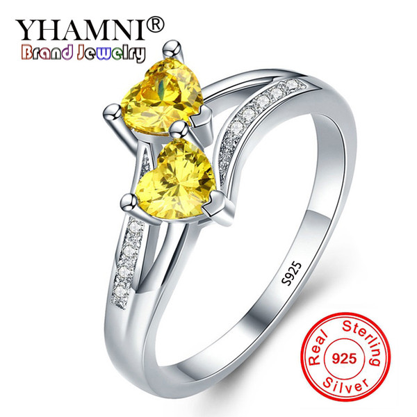 YHAMNI 100% 925 Solid Silver Rings Double Heart Yellow Cubic Zirconia Rings Fashion Wedding Jewelry For Women YQ-J113