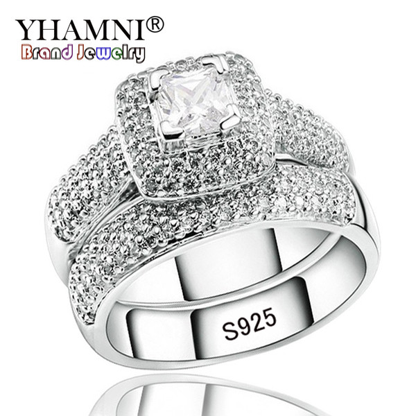 YHAMNI Luxury Engagement Double Rings Set Original Real 925 Solid Silver White CZ Zircon Ring Set Wedding Fine jewelry R149