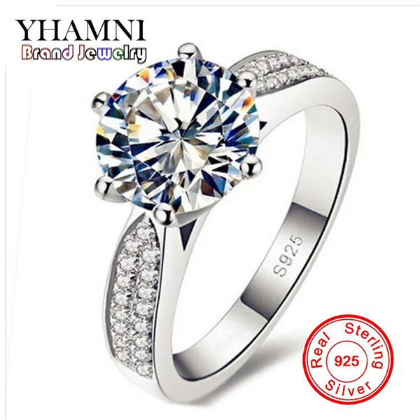 YHAMNI 100% 925 Sterling Silver Rings Jewelry Luxury 8mm 2 Carat CZ Diamond Zircon Wedding Rings For Women 006