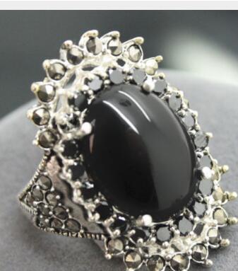 Free Shipping 925 SILVER 16X27MM MARCASITE NATURAL BLACK RING SIZE 7/8/9/10 christmas gift