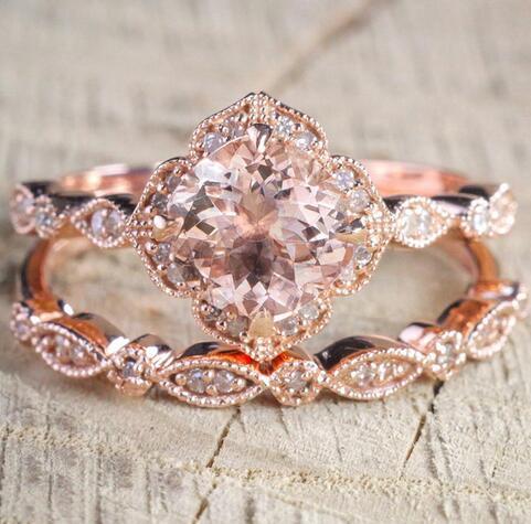 2 Pcs/Set Crystal Ring Jewelry Rose Gold Color Wedding Rings For Women Girls Gift Engagement Wedding Ring Set