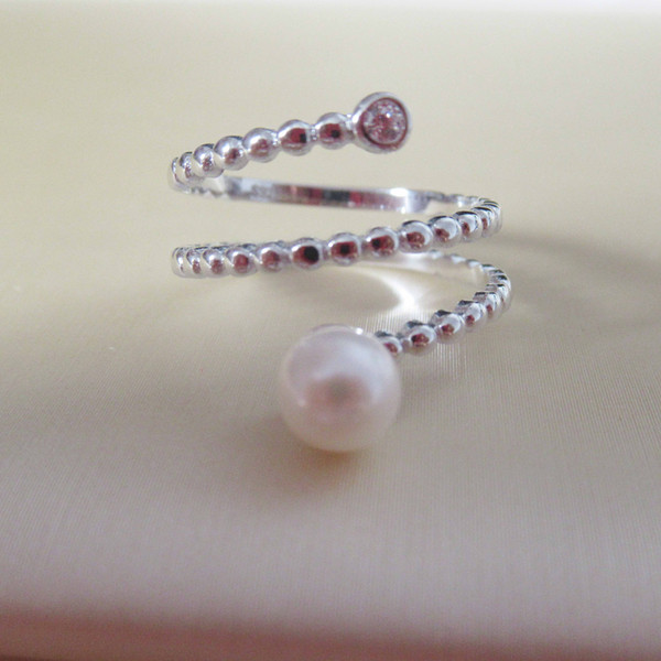 1 pc adjustable zircon solid sterling silver ring with 6mm round pearl,twisted triple ring, thanks / wedding gift,