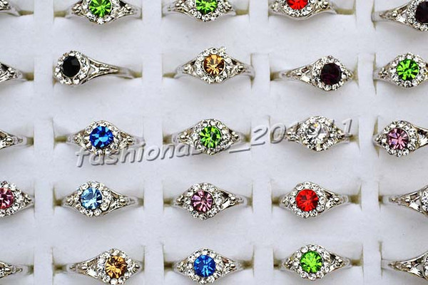 Rings 100pcs / lots Wholesale lots Cute Mixed Colorful Rhinestone Silver Plated Girl's WAVE rings