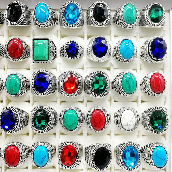 New 30pcs/pack Turquoise Ring Mens Womens Fashion Jewelry Antique Silver Vintage Natural Stone Ring Party Gifts