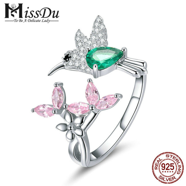 100% 925 Sterling Silver Adjustable Hummingbird Gift Luminous Clear CZ Finger Rings for Women Silver Jewelry BSR016