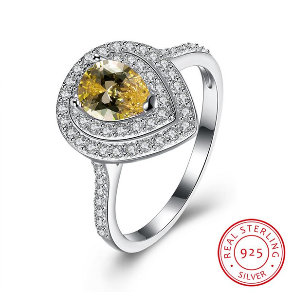 Real Sterling Silver 925 Ring , Luxury Austrian Yellow Crystal Ring, Lovers Water Drop Silver Rings Jewelry free shipping R150