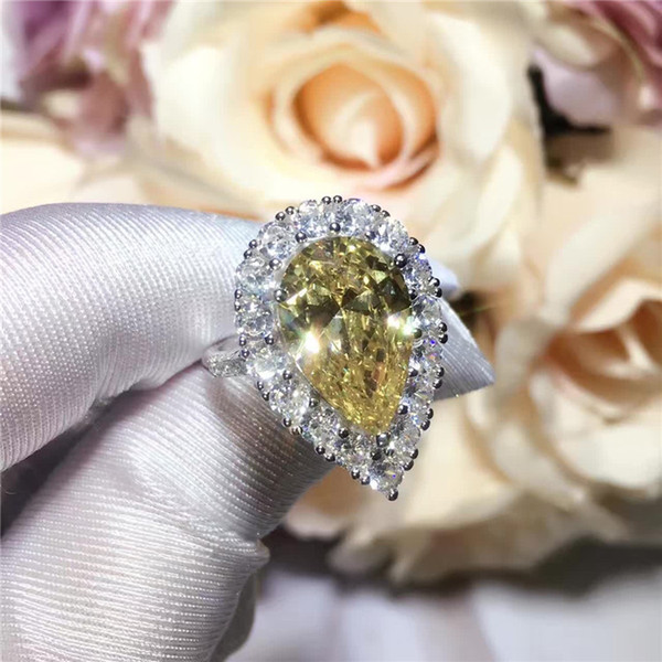 High quality classic 925 sterling silver AAA CZ diamond big teardrop yellow crystal ring wedding party jewelry for women