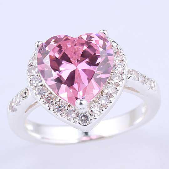 Lady 10mm Heart Pink Cubic Zirconia S925 Sterling Silver Ring NAL R089