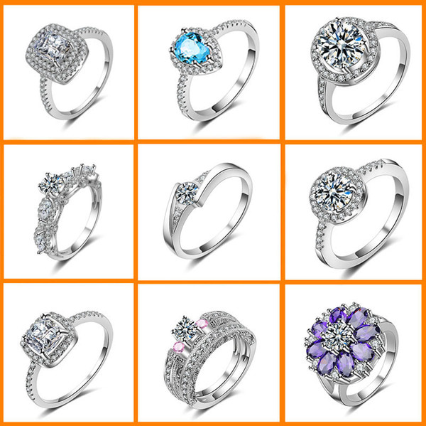 28 mix style/lot Luxury wedding Crystal Ring 925 Sterling Silver with Platinum Plated Fashion Silver Jewellery Rings Wholesale