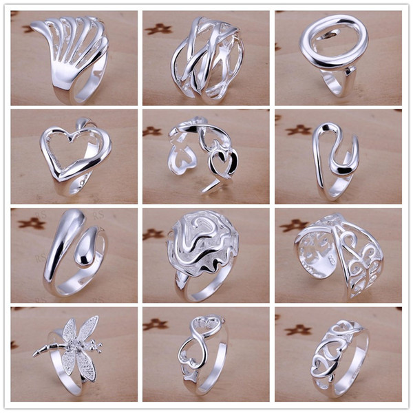 925 Sterling Silver Plated Multi Styles Charms Rings Vintage Finger Ring Nice Christmas Gift for women Ladies Size 7,8 Open Style Mixed