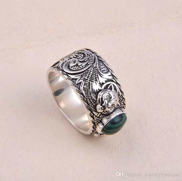 S925 pure silver ring with nature malachite and leopard head design for women and man wedding jewelry gift PS5522