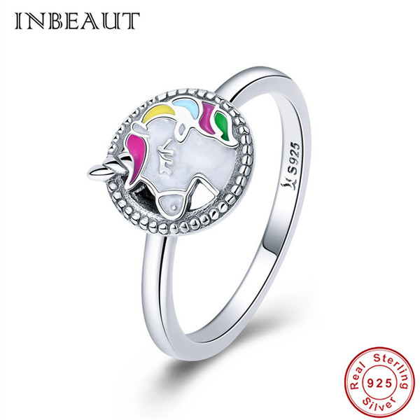 INBEAUT Women Trendy Unicorn Ring 925 Sterling Silver Colorful Enamel Mysterious Aninmal Fair Memory Wedding Rings for Female