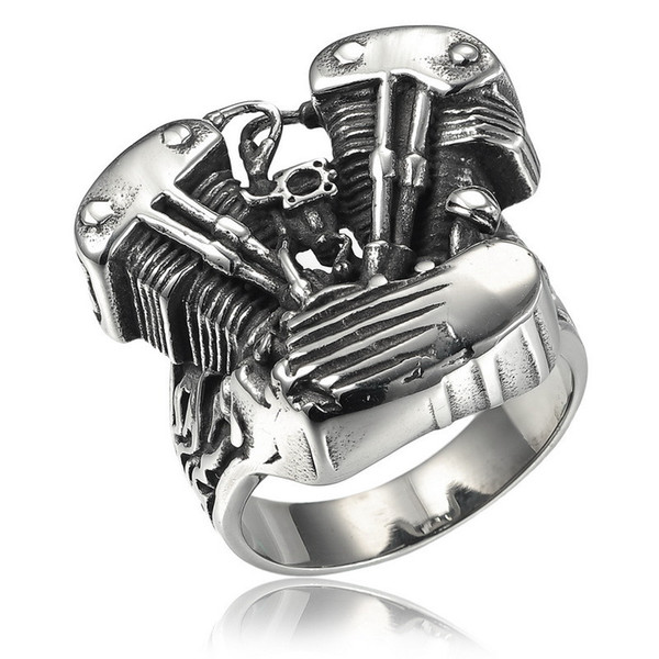 Size 8 to Size 13 Cool 316L Stainless Steel Silver Biker Engine Ring Motorcycle Engine Vintage Gothic Rock Punk Mens Ring