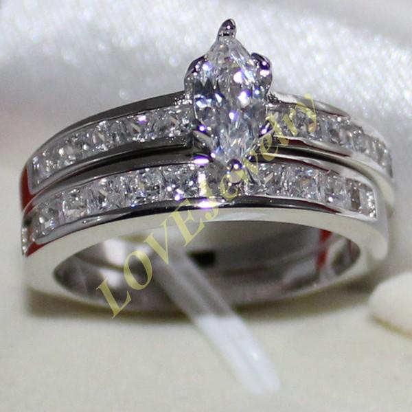 Lady's 925 Silver Filled Marquise-cut Simulated Diamond CZ Side Stone Wedding Couple Ring Set Two Layers Size 6-10 Brand Jewelry