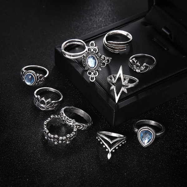 designer ring Carving Flowers Leaves Water Drop Stars Crystals Gem Joint Rings Fashion Lady Party Silver Ring Set Combinations drop ship