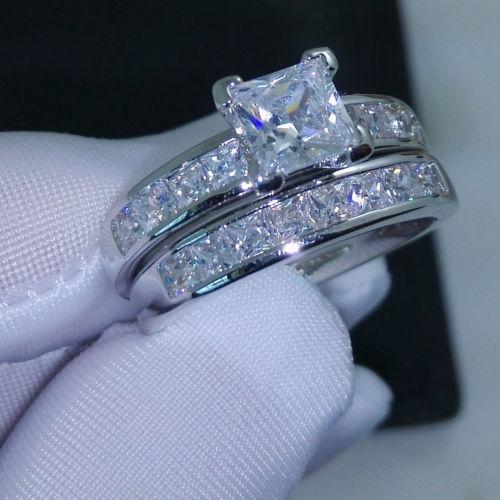 Luxury Size 5/6/7/8/9/10 Jewelry 10kt white gold filled Topaz Princess cut simulated Diamond Wedding Ring set gift with box