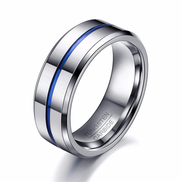 8MM Thin Blue Line Men Custom Logo Tungsten Ring Wedding Band Jewelry