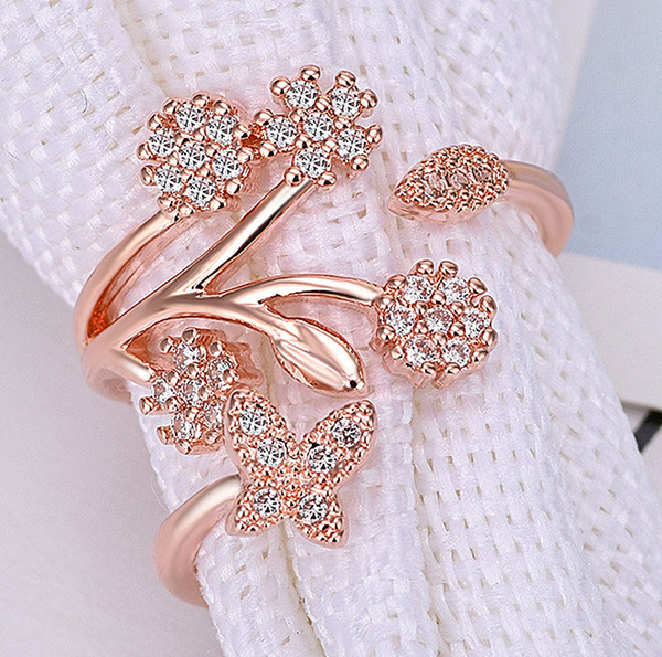 Korean Twisted Leaves Flower Rhinestone Open Ring Rose Gold Color Finger Ring For Women Statement Adjustable Ring Wholesale