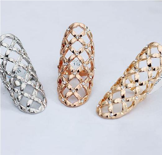 Unisex Gold Silver Plated European fashion style charming rhinestone hollow alloy exaggerated geometric finger nail ring