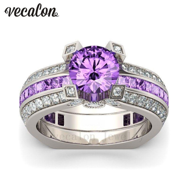 Wholesale- Vecalon Luxury Female Engagement ring Purple 5A zircon Cz 925 Sterling Silver Birthstone wedding Band ring Set for women men