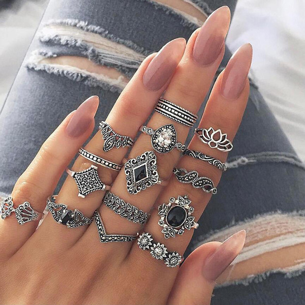 5set (15Pcs/Set) Bohemia Flowers Crystal Crown Finger Ring Set Trendy Silver Joint Knuckle Rings Women Jewelry Accessories Gifts