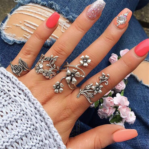 New Vintage Silver Midi Rings Set Jewelry For Women Girls Gifts Fashion Retro Rose Flower Shape Floral Knuckle Ring 4Pcs/set