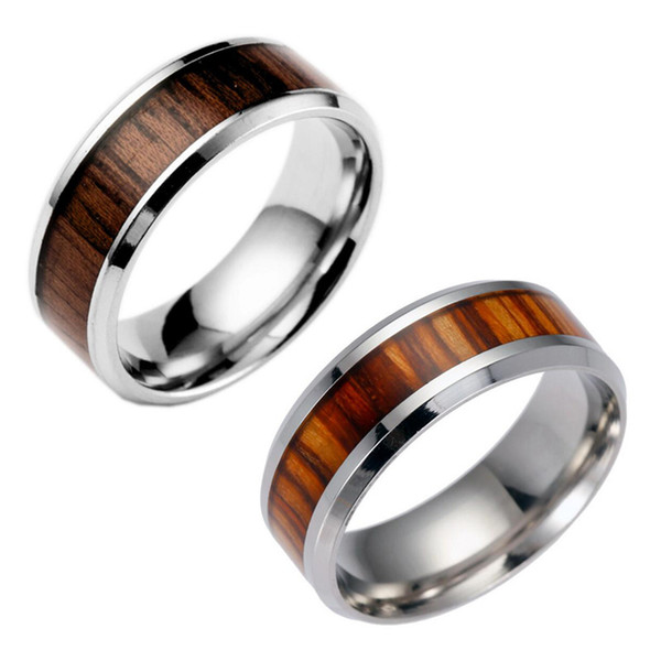 Wood Color Band Rings - Fashion Stainless Steel Wooden Rings For Men Women - Creative Steel Ring (US Size 6-13)