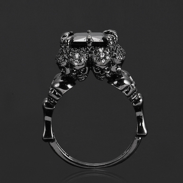 Punk black zircon lady's ring Vintage black gold skull ring for women