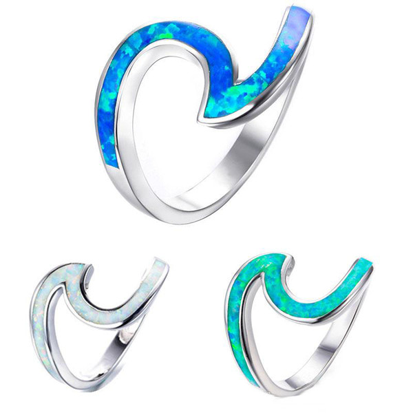 Unique Green/White/Blue Fire Opal Wave Ring Filled Wedding Rings Ocean Blue Opal Wave finger ring For Women drop ship