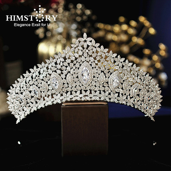 Himstory Luxury Sparkling CZ Flower Bridal Tiaras Crown Hair Accessories Big Diadem Crowns for Women Girls Wedding Party Holiday