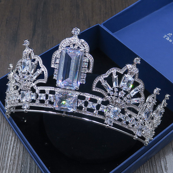 Luxurious Brides Large European Royal Full Zircon Tiara Crowns Square Baroque Red/Blue Zircon Queen Wedding Hair Accessories