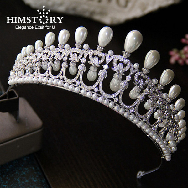 Amazing British Royal Princess Cubic Zircon Hair Crown Water Drop Pearls Hair Accessories Bridal Wedding Hair Jewelry