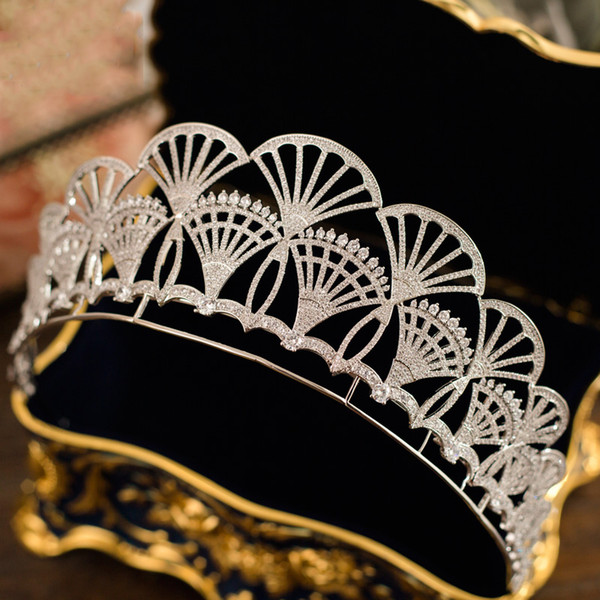 Himstory Gorgeous Micro Paved Zircon Crown Full Cubic Zirconia Fan Shape CZ Tiaras Princess Diadema Wedding Hair Accessories