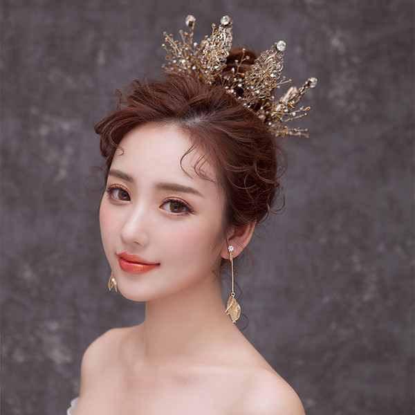 Himstory New Vintage Bronze Gold Full Round Wedding Tiara Crown Handmade Princess Pageant Headpieces Bridal Hair Jewelry