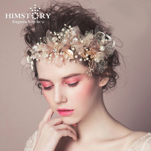 New Trendy Flower Hair Jewelry Gold Pearl Handmade Bridal Wedding Headband Rhinestone Hairband Women Hair Accessories Ornaments
