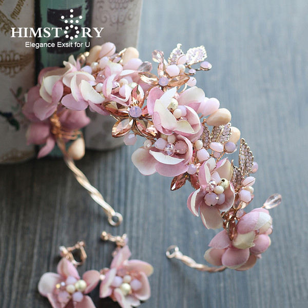 Himstory Handmade Romantic Princess Wedding Hairband Pink Blossom Flower Tiaras Crown Pageant Prom Wedding Party Headband Hair Accessories