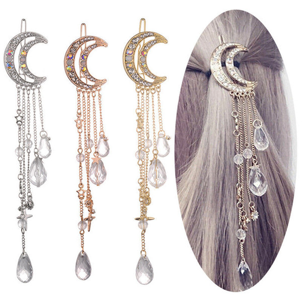 Hair Clip Hair Jewelry fashion Elegant Women Lady Moon Rhinestone Crystal Tassel Long Chain Beads Dangle Hairpin 5pcs Randomly