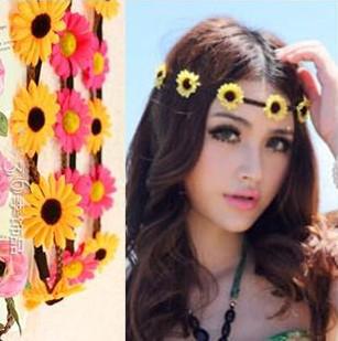 Wholesale Bohemian Headband for Women three Flowers Braided Leather Elastic Headwrap sun flower hair band Assorted Colors Hair Ornaments