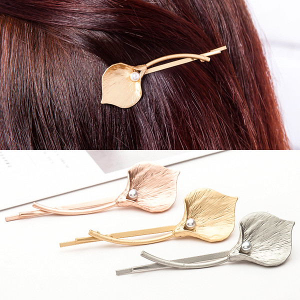 Metal Calla Lily Hair Clips Simple Imitation Pearl Alloy Flower Hair Pins 2018 Fashion Women Barrettes Accessories Wholesale Free Shipping