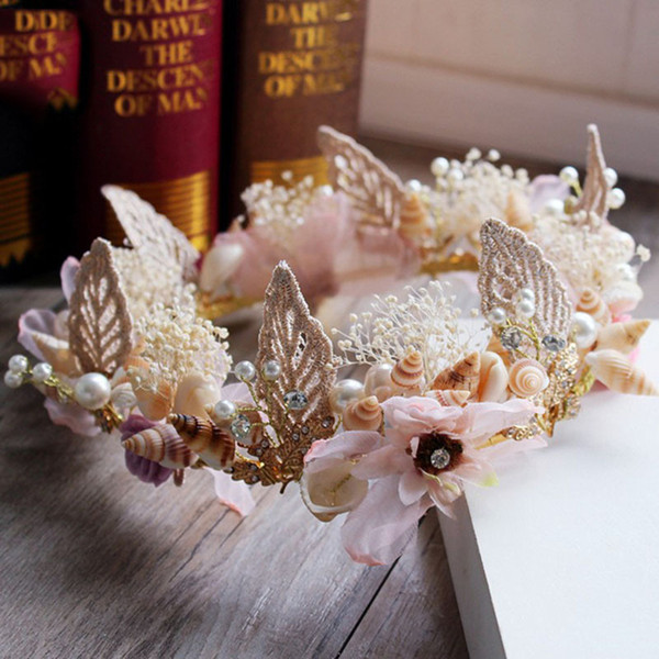 DIY Love Romantic shell Hair Vine Wedding Leaf Pearl Hair Accessories Luxury Flower Crystal Bridal Crown Pink Rhinestone Tiaras For Bride