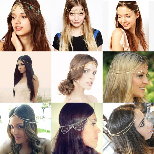 Cheap Hot Fashion Bohemian Women Metal Head Chain Headbands Hair Jewelry Forehead Dance Headband Piece Wedding Accessories Hippie Crown