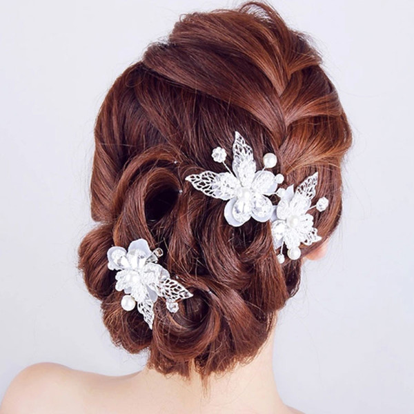 Korean handmade flower leaves bridal hair clips jewelry for women and girls white rhinestones wedding hiar accessories