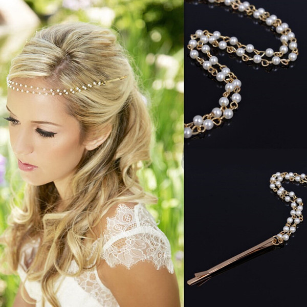 Hair Clips Jewelry Fashion Elegant Imitation Pearl Gold Plated 3-layer Chains Barrettes Wedding Hair Jewelry Wholesale Free Shipping SHR380