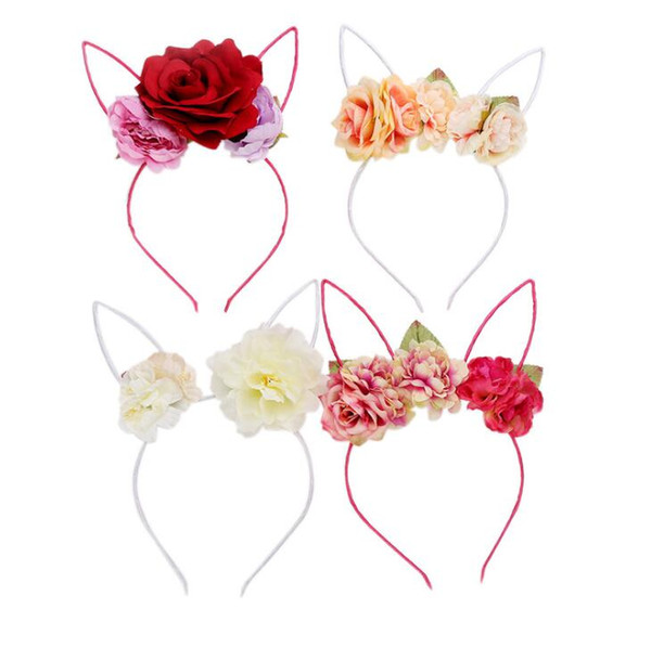 Kids Girls Rose Flower Headband Party Wedding Fabric Flower Wreath Hair rabbit ears Hair Hoop Hair Band Accessories