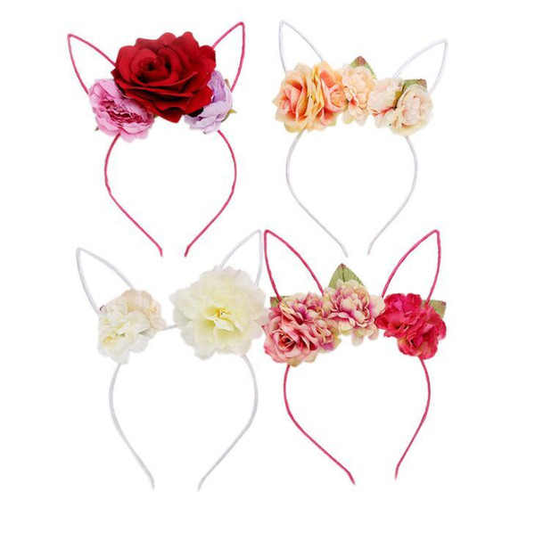 Kids Girls Rose Flower Headband Party Wedding Fabric Flower Wreath Hair rabbit ears Hair Hoop Hair Band Accessories