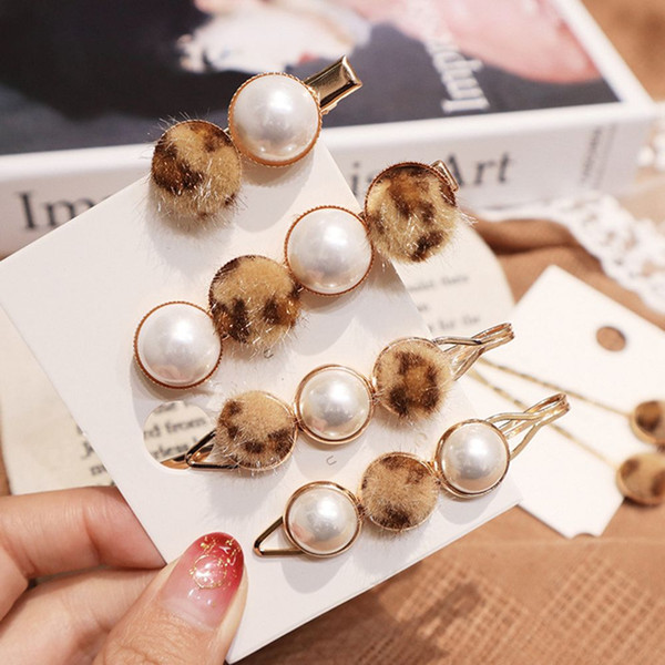1Pc Vintage Faux Fur Leopard Hair Clips Imitiation Pearl Metal Hairpins Headwrap Headwear Headband Hair Stying Accessories