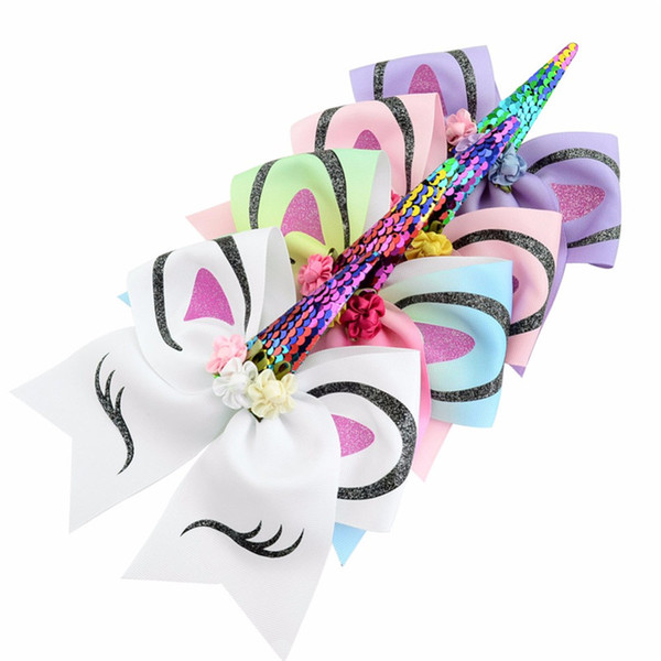 Hot Girls Unicorn Horn Hair rope Funny Cartoon Handmade Bowknot Bows Sequin Ponytail Holder Rubber Band Hair Ties Rope For Kids 870