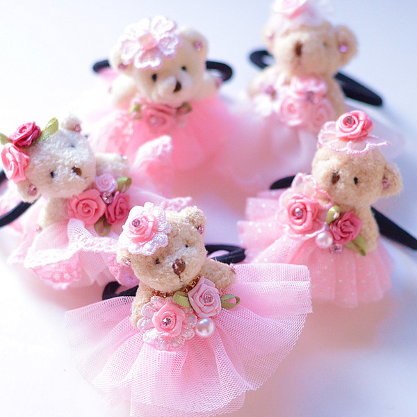 Agood 6pcs/lot pink lace cute teddy bear hair rope rubber bands for women girls kids Flower of artifice flower bracelet wedding accessories