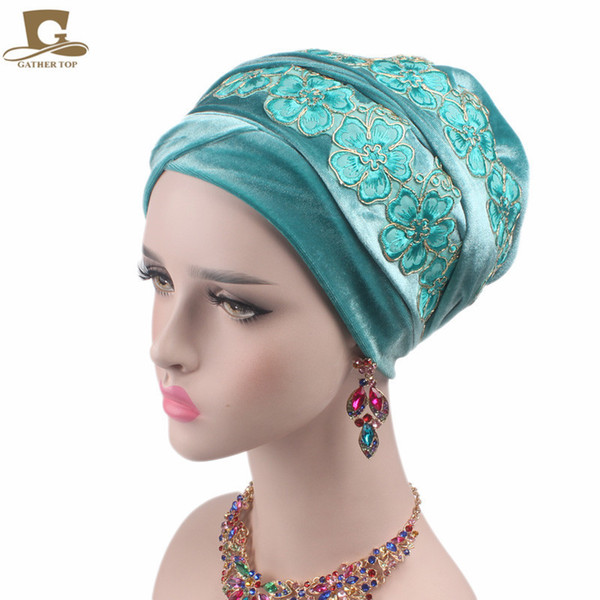 New Luxury 3d Flower Velvet Nigerian Turban Long Head Wrap Headwrap Stylish Head Scarf Hijab Cap C19042001
